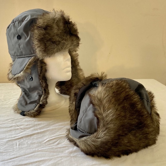 2 Gray Winter Trapper Hats With Brown Faux Fur - Picture 2 of 8